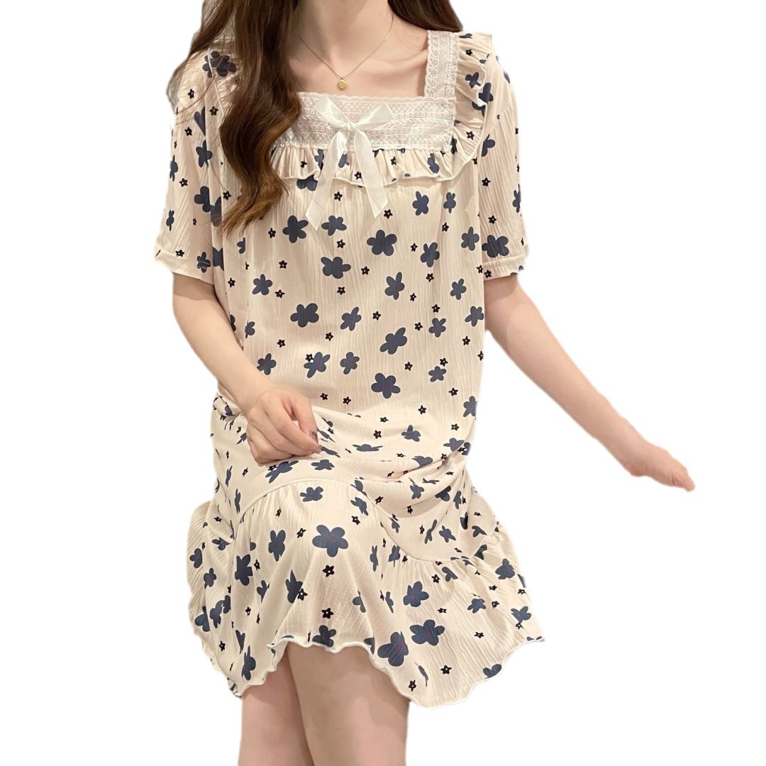 2024 pijama de mujer pijama de algodón de verano de manga corta encaje largo fresco ropa de hogar de estudiantes al por mayor