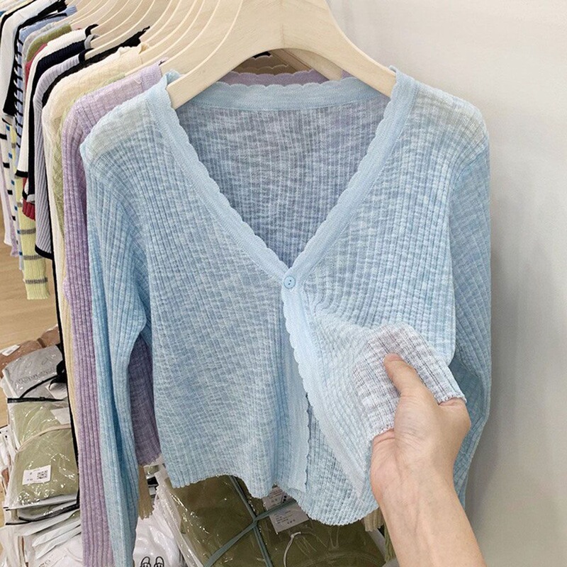 Da Lang Sweater Knitted Sweater Women's Thin Spring and Summer Thin Micro-transparent Long Sleeve Outer Shawl Cardigan Women's Sun-protective Shirt