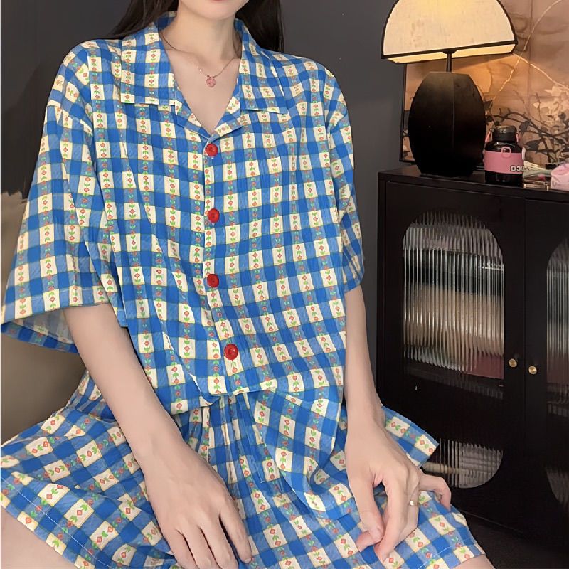 Nube de algodón nuevo pijama de mujer verano simple estricto impresión de corazón de桃ar se puede usar pantalones cortos de manga corta conjunto de ropa para el hogar