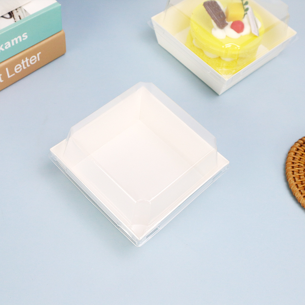 Caja de embalaje de pastel de queso, pastel de queso pequeño cuadrado transparente, cubierta de papel y plástico, caja de horneado de punto oeste