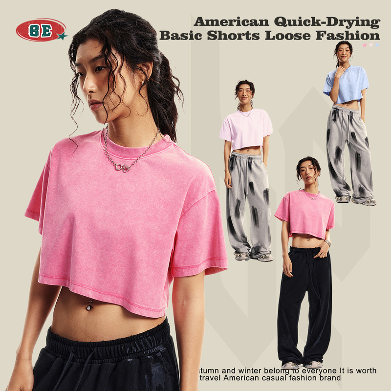 Be Women's Clothing 2025 Spring/Summer Trendy Brand New Round Neck Crop Top Hot Girl Loose Short Sports Short-Sleeve T-Shirt for Women