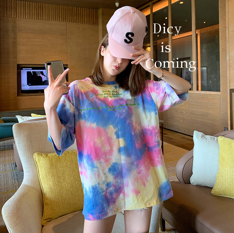 跨境宽松扎染T恤日系短袖2021春夏新款时尚中长款圆领上女衣跨境