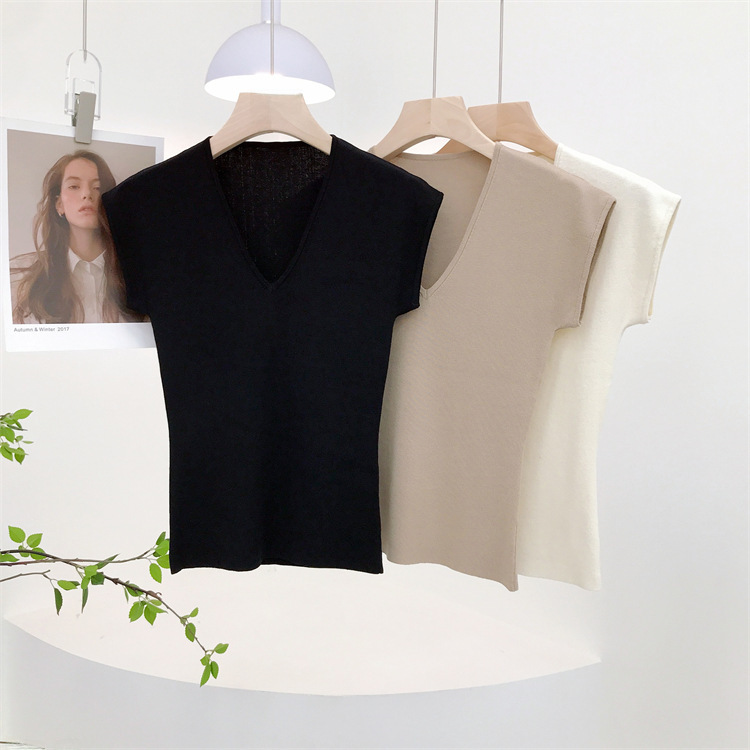 7065 Summer New Arrival French Style Retro Off-white V-neck Flying Sleeve Slim-fit Slimming Cool Breathable Short-sleeved T-shirt for Women