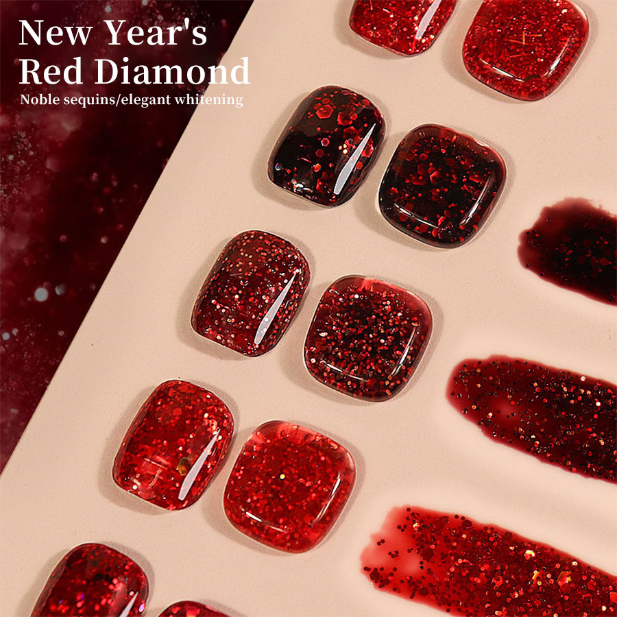 Año nuevo diamante rojo esmalte de uñas pegamento neto rojo esmalte de uñas pegamento de sangre blanco transparente rojo roto diamante flash fototerapia pegamento para salón de uñas