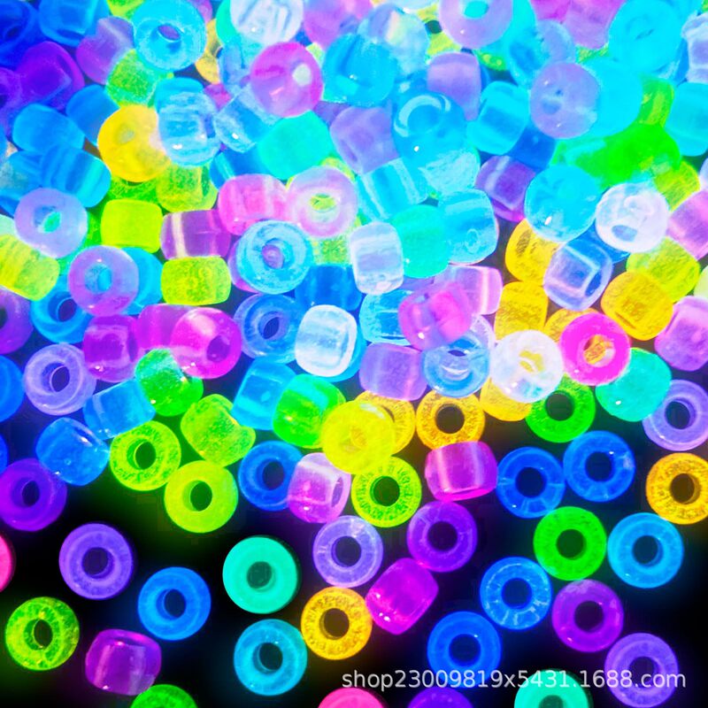 100 Pieces/Pack 9*6 Acrylic Solid Color Large Hole Beads Colorful Transparent Frosted Barrel Beads Glow-In-The-Dark Pony Beads