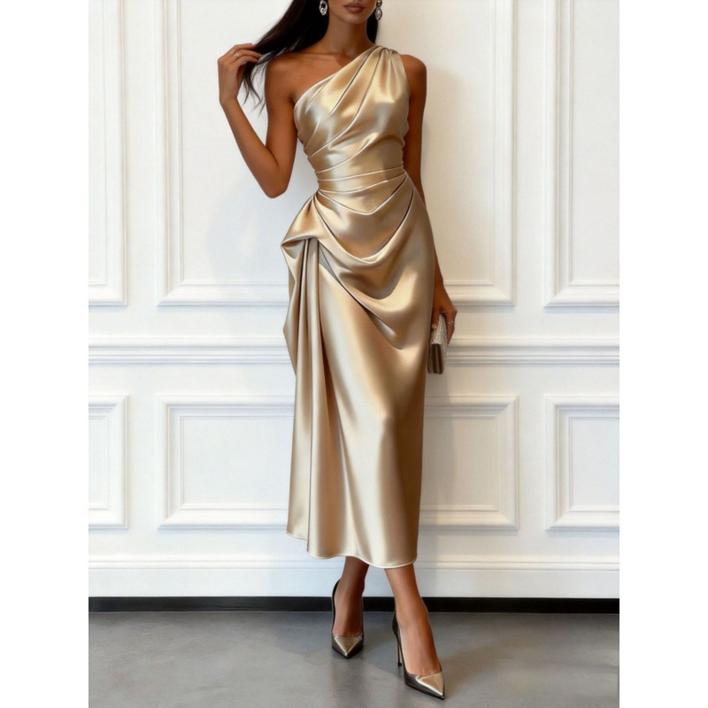 European and American Cross-Border 2026 Summer High-Elastic Satin Sleeveless One-Shoulder Waist-Cinching Mid-Length Dress Elegant Evening Dress for Women European and American Cross-Border 2026 Summer High-Elastic Satin Sleeveless One-Shoulder Waist-Cinching Mid-Length Dress Elegant Evening Dress for Women