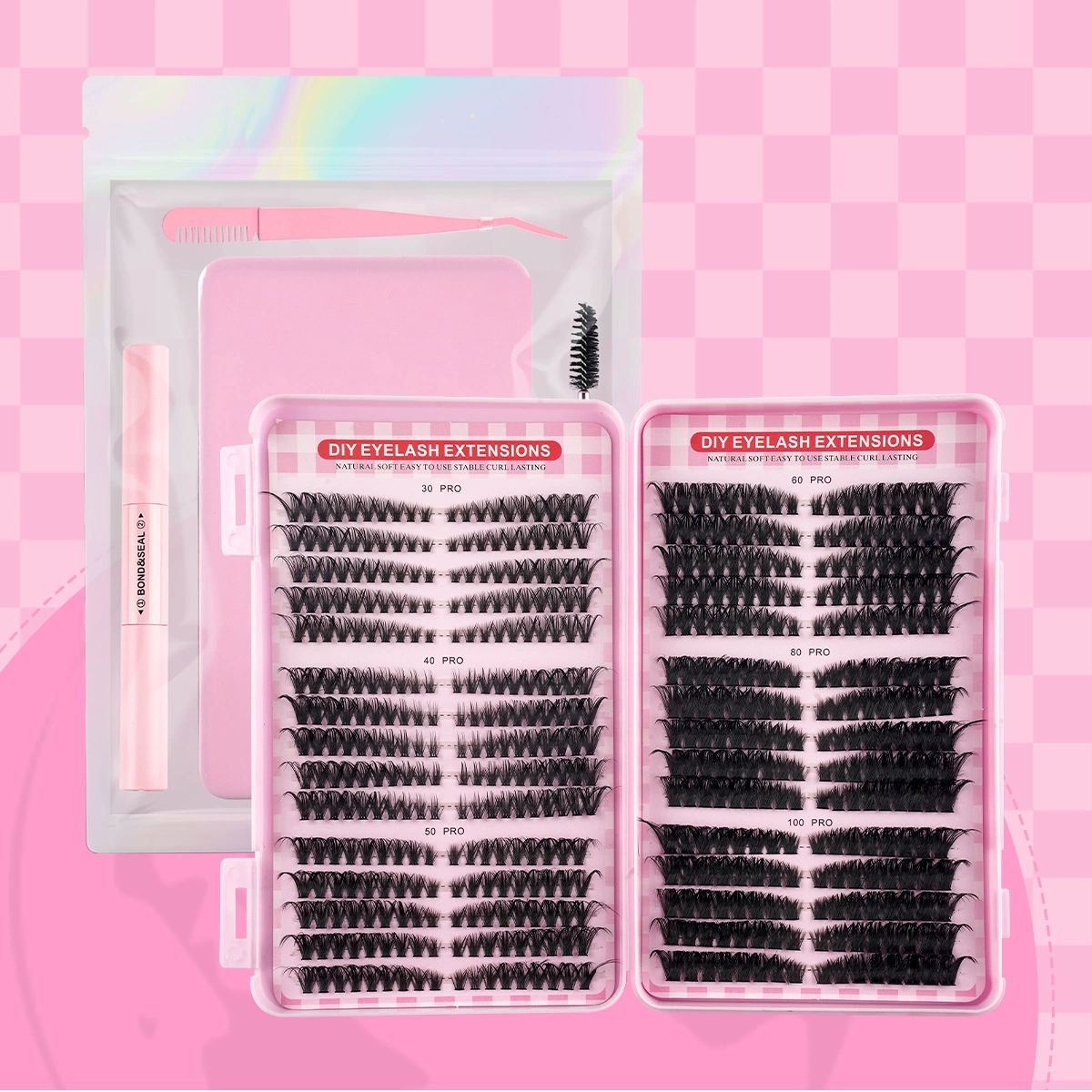 Segmented eyelash extensions tray, pink 570-tuft mixed 30–100D, large capacity DIY kit