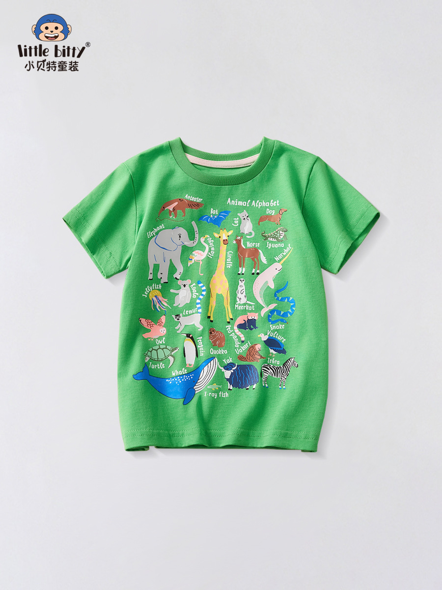 Children's Clothing 2025 New Children's Green Short Sleeve Summer T-Shirt Boys Round Neck Children's Short Sleeve T-Shirt Boys Tops