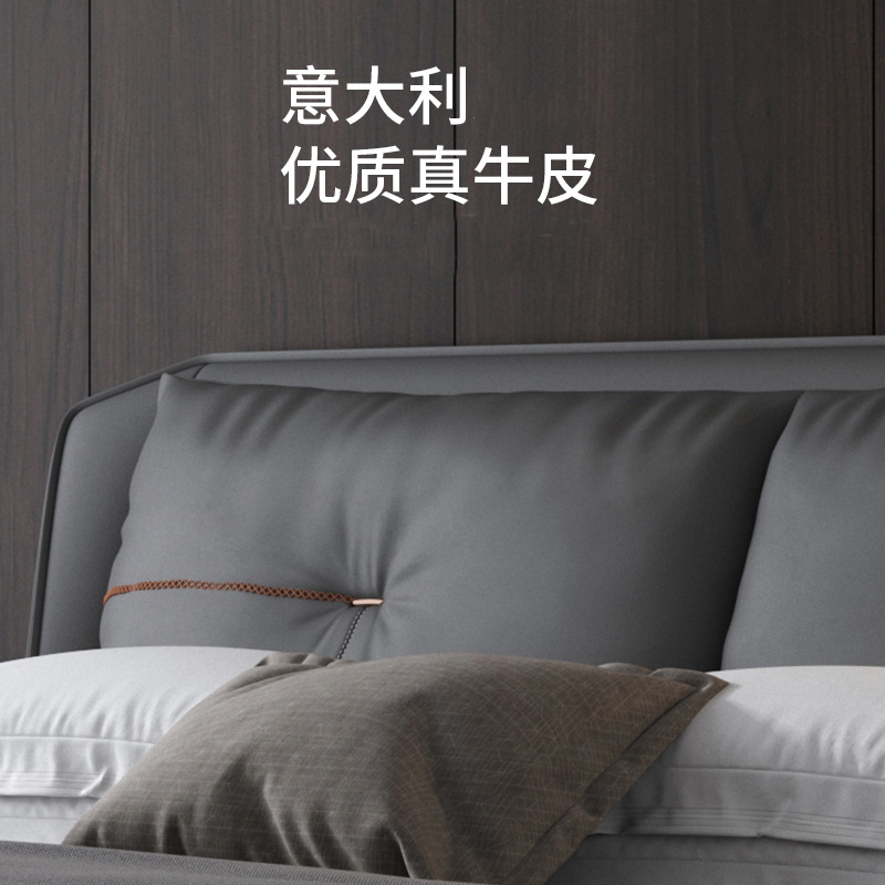 Cama de cuero genuino cama doble dormitorio principal cama de cuero minimalista italiano 1,8 m cama de boda simple muebles grises ventas directas de la fábrica