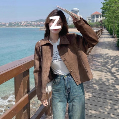 美拉德麂皮绒外套女短款2025春秋新款复古宽松小个子薄款夹克上衣