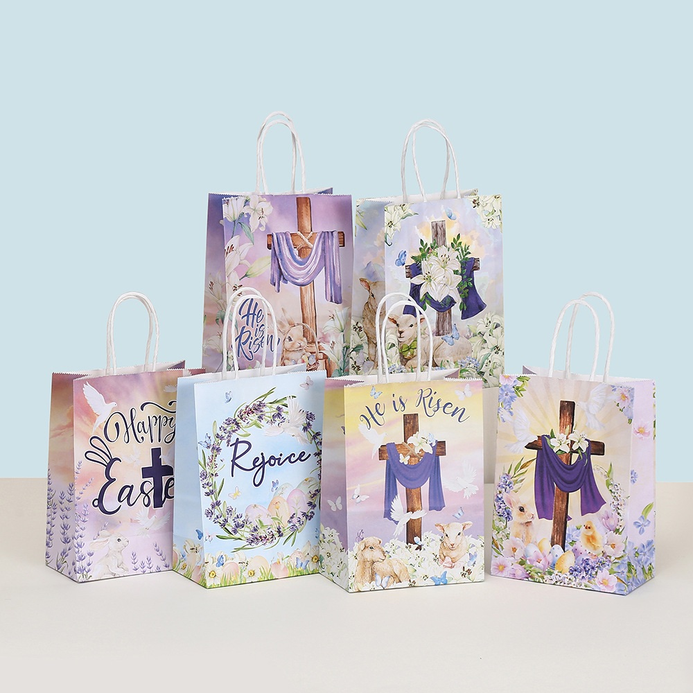 复活节主题礼品包装袋牛皮纸袋印花文字纸袋批发兔子手提派对礼物