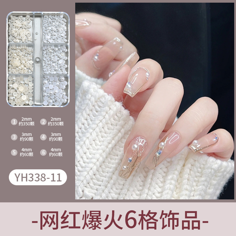 Joyas de manicuras de perlas brillantes redondas de tamaño mixto blanco puro, accesorios de uñas tridimensionales, perlas de perforación sin pelado