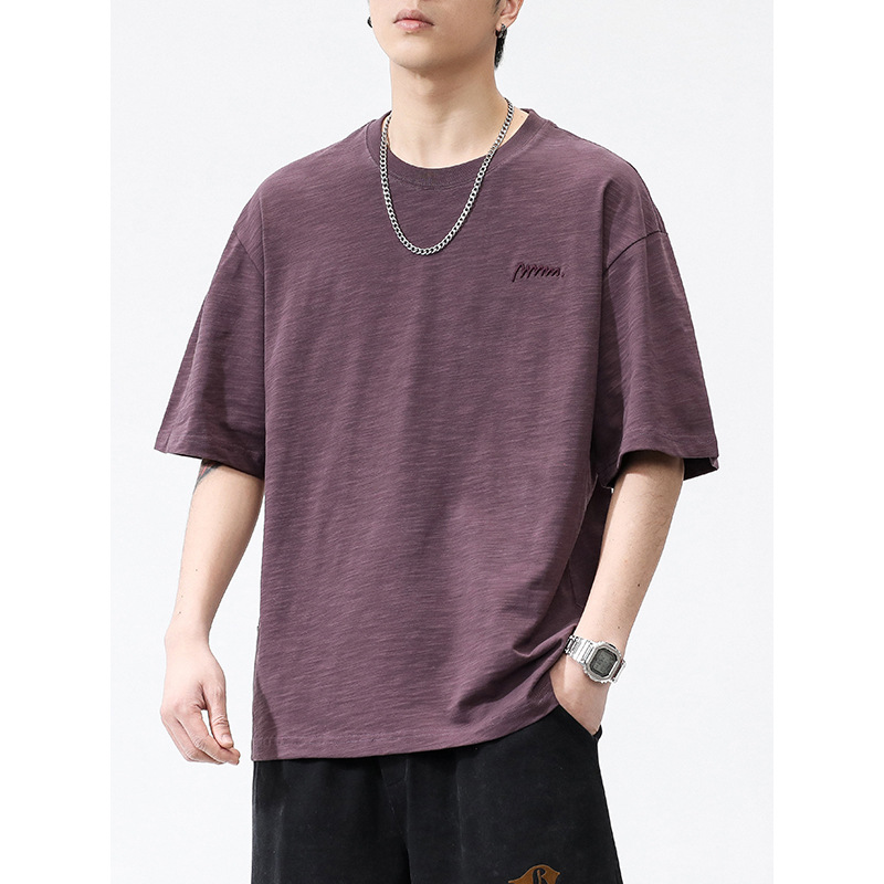 Mingge | Casual Trendy Brand Embroidered Pure Cotton Short-Sleeved T-Shirt for Men 230g Heavy Loose Casual Summer Bamboo Cotton T-Shirt