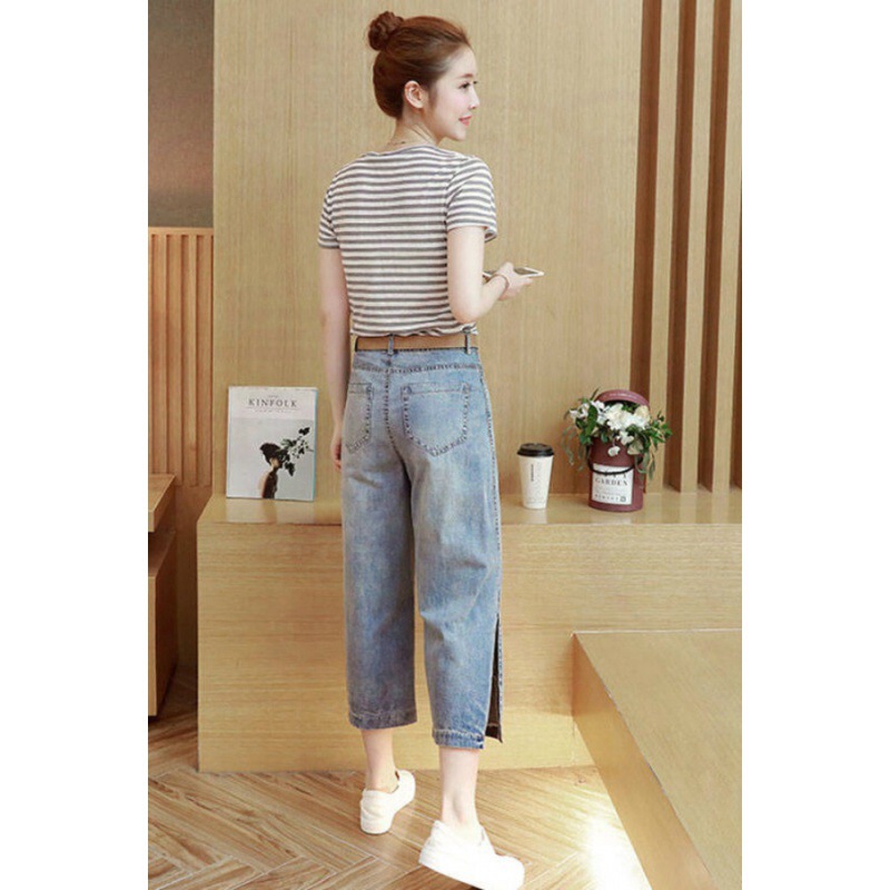 Split Cropped Jeans Women's White-worn Loose Korean-style All-match Straight-tube Dipped Cropped Wide-leg Pants Women's Old-fashioned