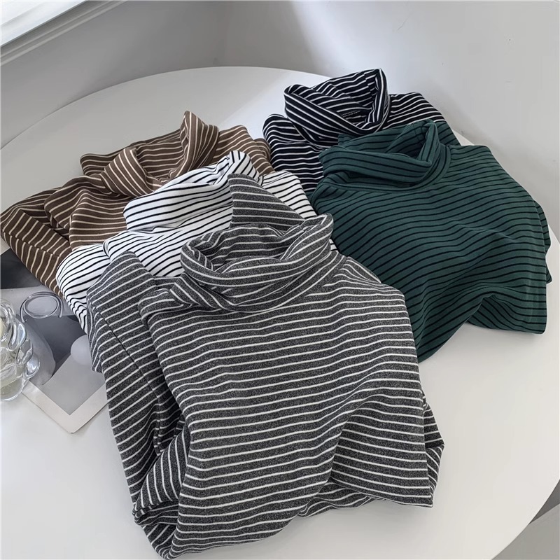 Australian velvet brushed cotton fleece-lined suede warm striped bottoming shirt for women 2023 autumn and winter Korean style turtleneck T-shirt top for women