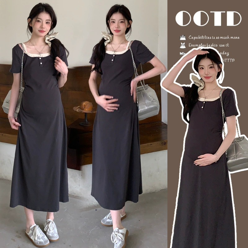 Реальный снимок ~ Летняя модная искусственная эластичная юбка из двух частей во французском стиле с квадратным воротником для похудения