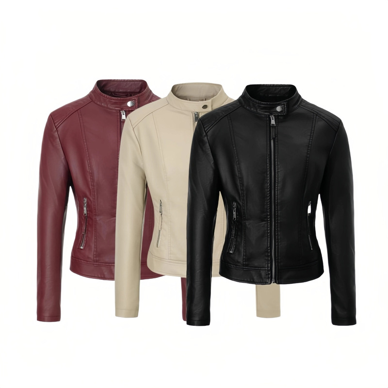 Cross-Border Three-Color Stand Collar Zipper Leather Jacket for Women, Double Side Pockets, Slim Fit, Korean Style, Versatile, Factory Source