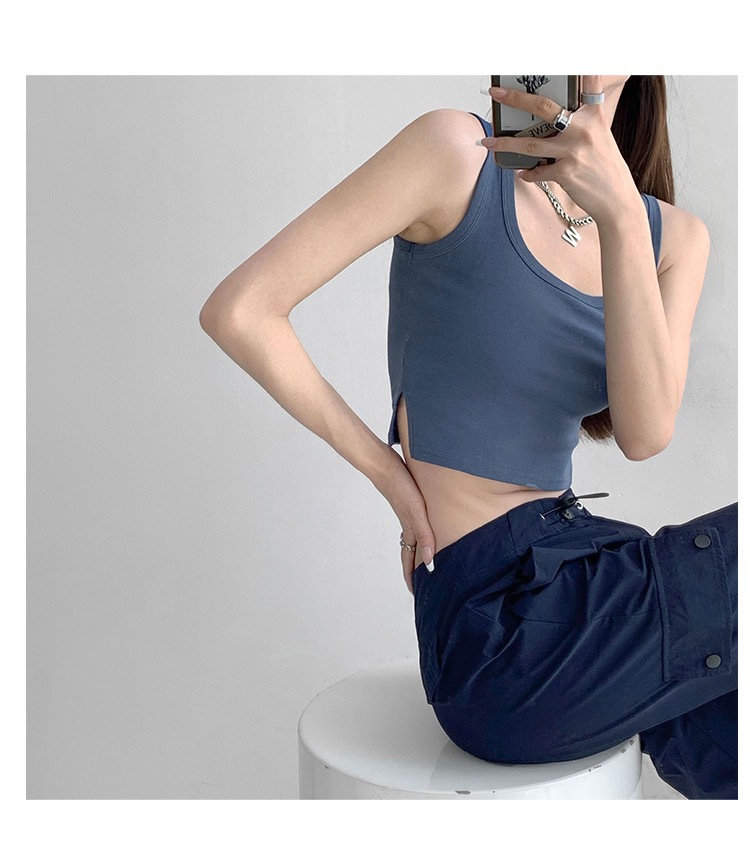 Chica caliente con almohadilla en el pecho belleza espalda chaleco camisola Top nuevo cuello cuadrado de algodón puro sin mangas anti-exposición deportes se pueden usar fuera