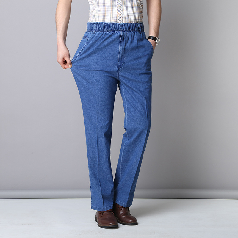 Middle-aged and elderly summer thin elastic waist denim pants men's high waist straight loose large size dad casual long pants Middle-aged and elderly summer thin elastic waist denim pants men's high waist straight loose large size dad casual long pants