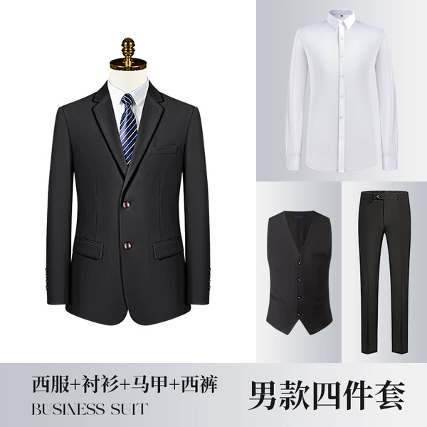 Black jacket, trousers, vest, shirt