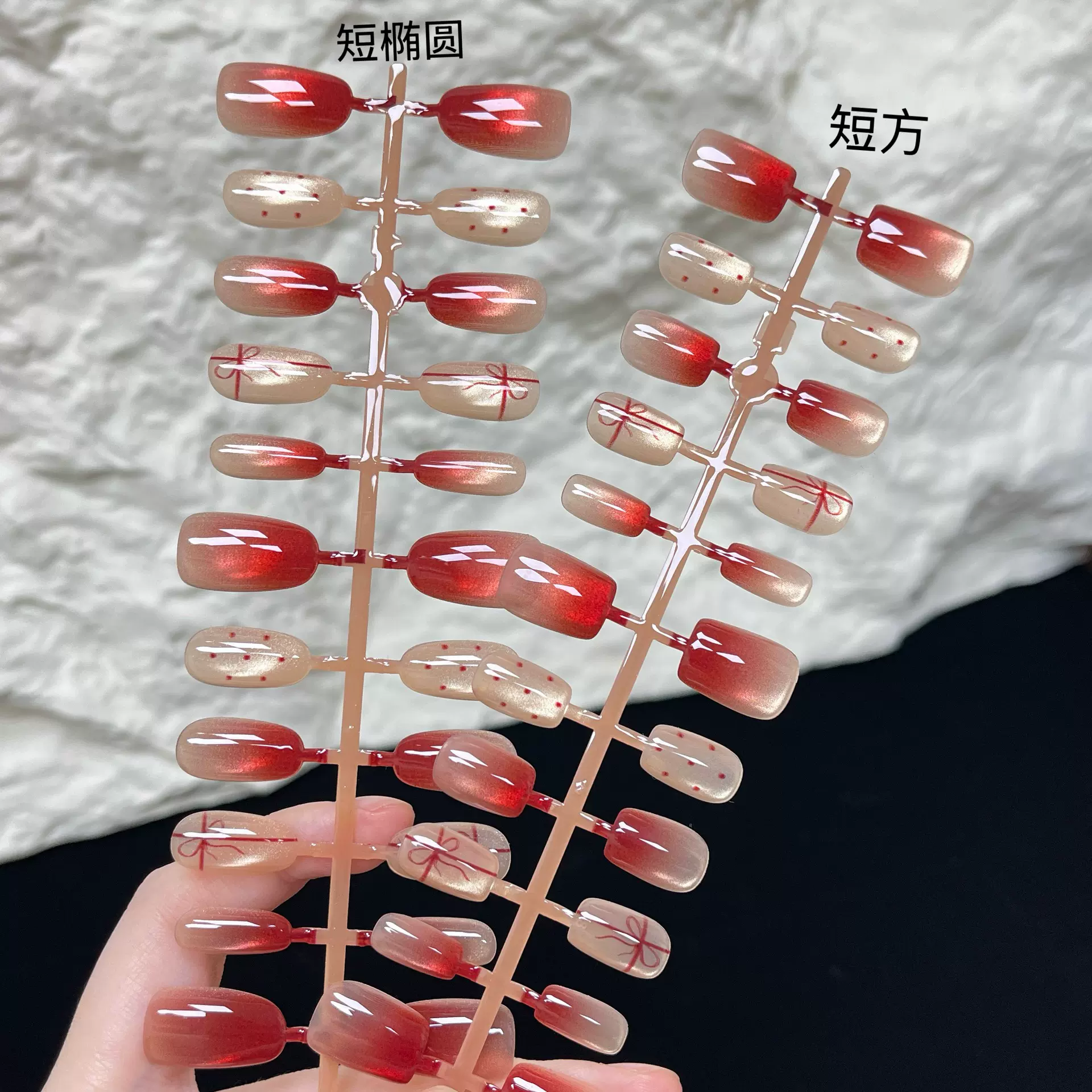 红色飘带穿戴甲美甲新款点钻底色穿戴甲成品甲片全码批发中杏仁