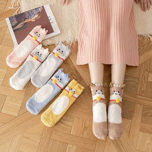 Winter Coral Velvet Socks Bring in Wealth and Treasure Cat Pattern Mid-calf Socks Thickeneded Snow Socks Home Sleep Socks Cross-border Supply