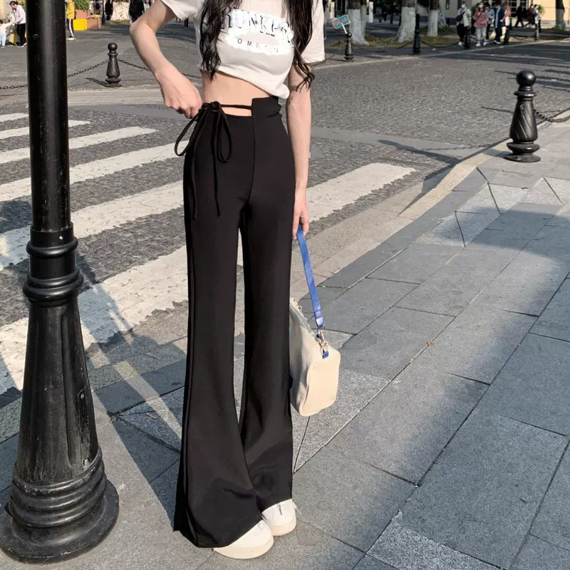 气质西装拖地长裤阔腿裤花苞宽松型高腰设计感绑带文艺范女神裤