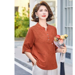 妈妈夏季含棉透气宽松上衣中老年女装春夏中袖小衫奶奶老人衣服
