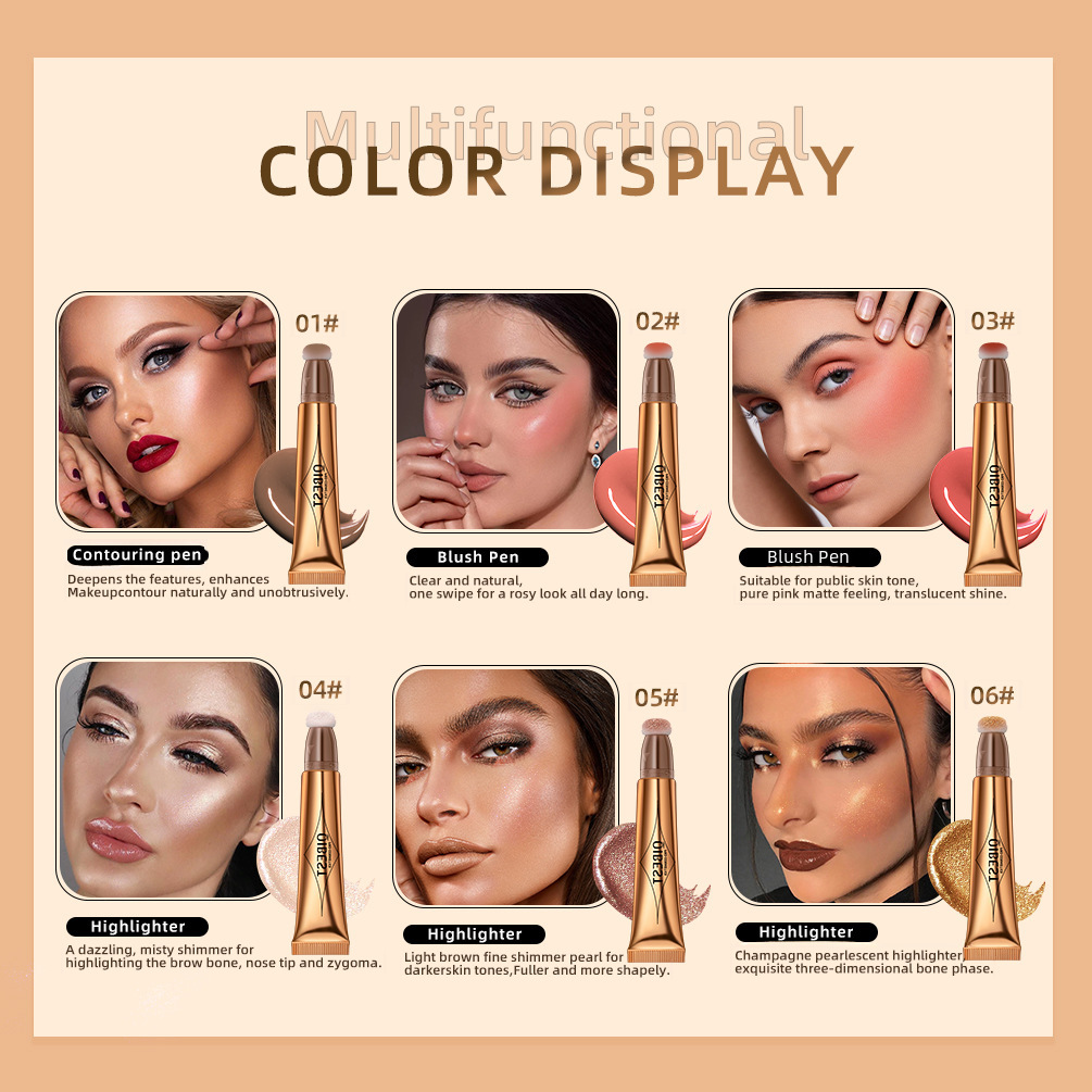 QIBEST Multifunctional Makeup Pen Blush Highlight Makeup Pen Pearlescent Fine Glitter Matte Natural Brightening Face Makeup