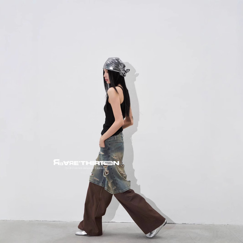R13 Autumn New Design Denim Patchwork Striped Straight-Leg Floor-Length Ripped Niche Faux Two-Piece Wide-Leg Pants for Women