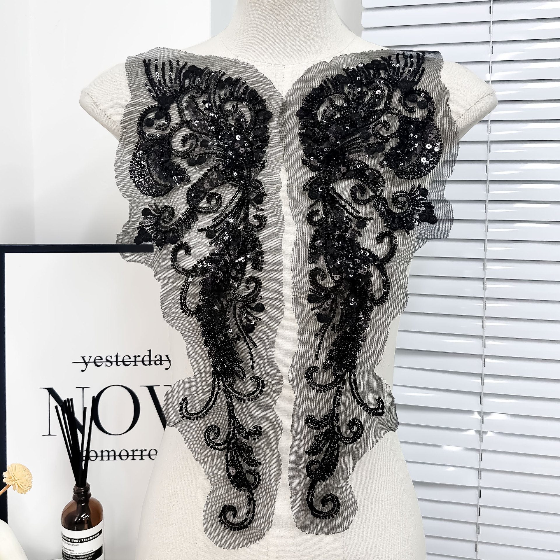 Bordado de malla de lentejuelas con cuentas vestido de novia vestido de falda vestido accesorios de vestir decoración de bricolaje cuello delantero pegatinas de tela image 7