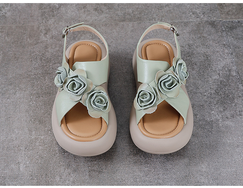 Sandal hở mũi nữ đế độn cao da bò, kiểu La Mã quai mảnh, gót thấp — Màu trắng be chi tiết 11