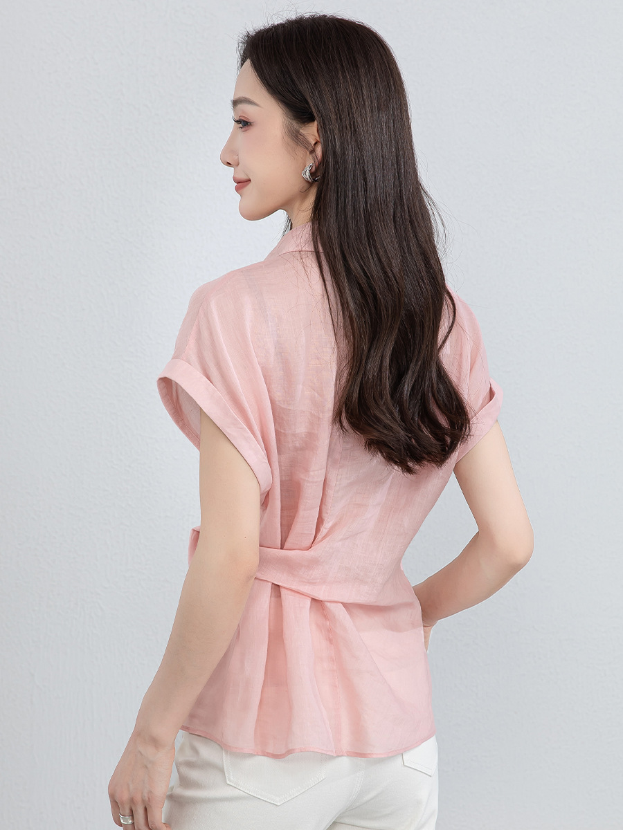 Áo sơ mi nữ không tay cổ bẻ dây rút chất liệu ramie thoáng mát — Màu hồng
