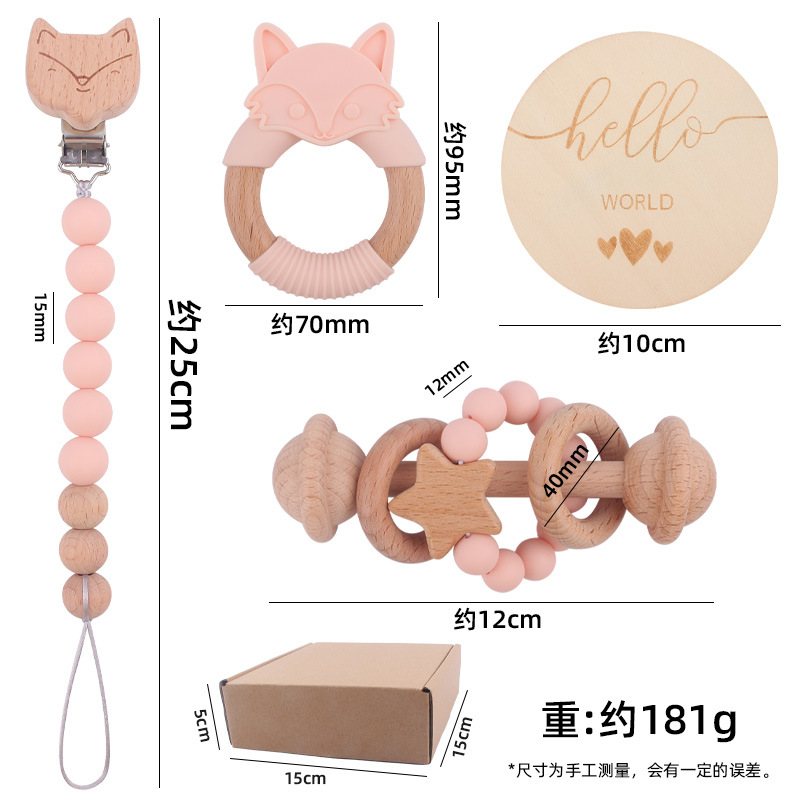 Nuevo bebé de dibujos animados de silicona Fox mordedor bebé creativo Beech sonajero teether cadena de pezón conjunto de cuatro piezas