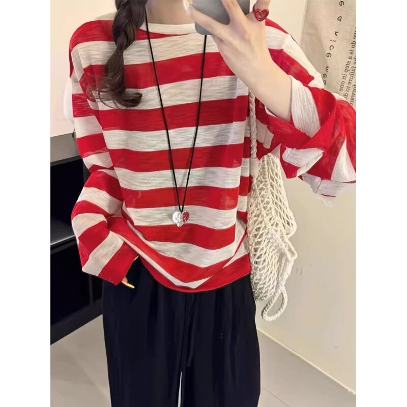 Striped Cross Backless Long-Sleeved Thin Sweater for Women Summer New Korean Style Loose Slimming Sun Protection Shirt Factory Striped Cross Backless Long-Sleeved Thin Sweater for Women Summer New Korean Style Loose Slimming Sun Protection Shirt Factory