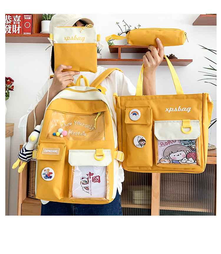 FourPiece Primary School Student Schoolbag New Ins Style Korean College Junior and Middle School Students Large Capacity Canvas Backpackpicture13