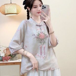 Summer New Style Middle-Aged Women's Shirt Chinese Style Retro Embroidered Shirt with Buttons and Western Style Mother's Loose Temperament Top