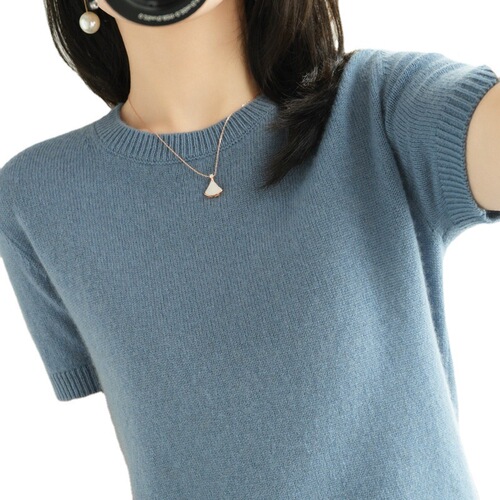 Women's Non-Cashmere Crew Neck Short-Sleeve Loose T-Shirt: Layering Knit Top for Spring and Autumn – Short-Length Style