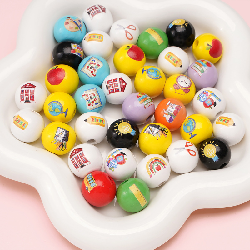 16mm木珠批发 卡通印花圣诞雪人奶牛纹狗狗海洋万圣节图案工艺品|undefined