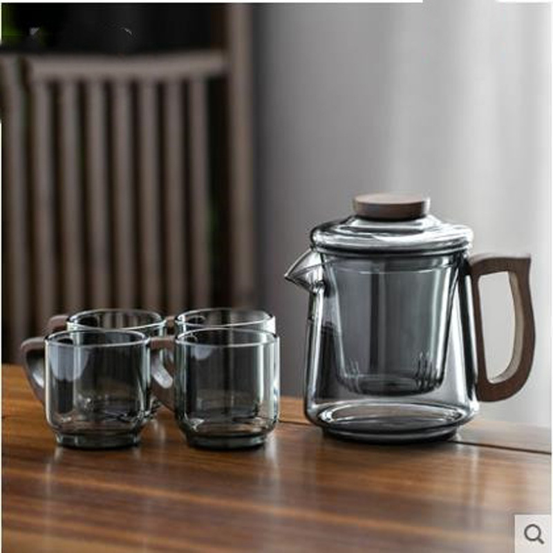 Oficina de vidrio transparente de borosilicato mango de madera tetera de flores hogar simple separación de Té de doble propósito olla