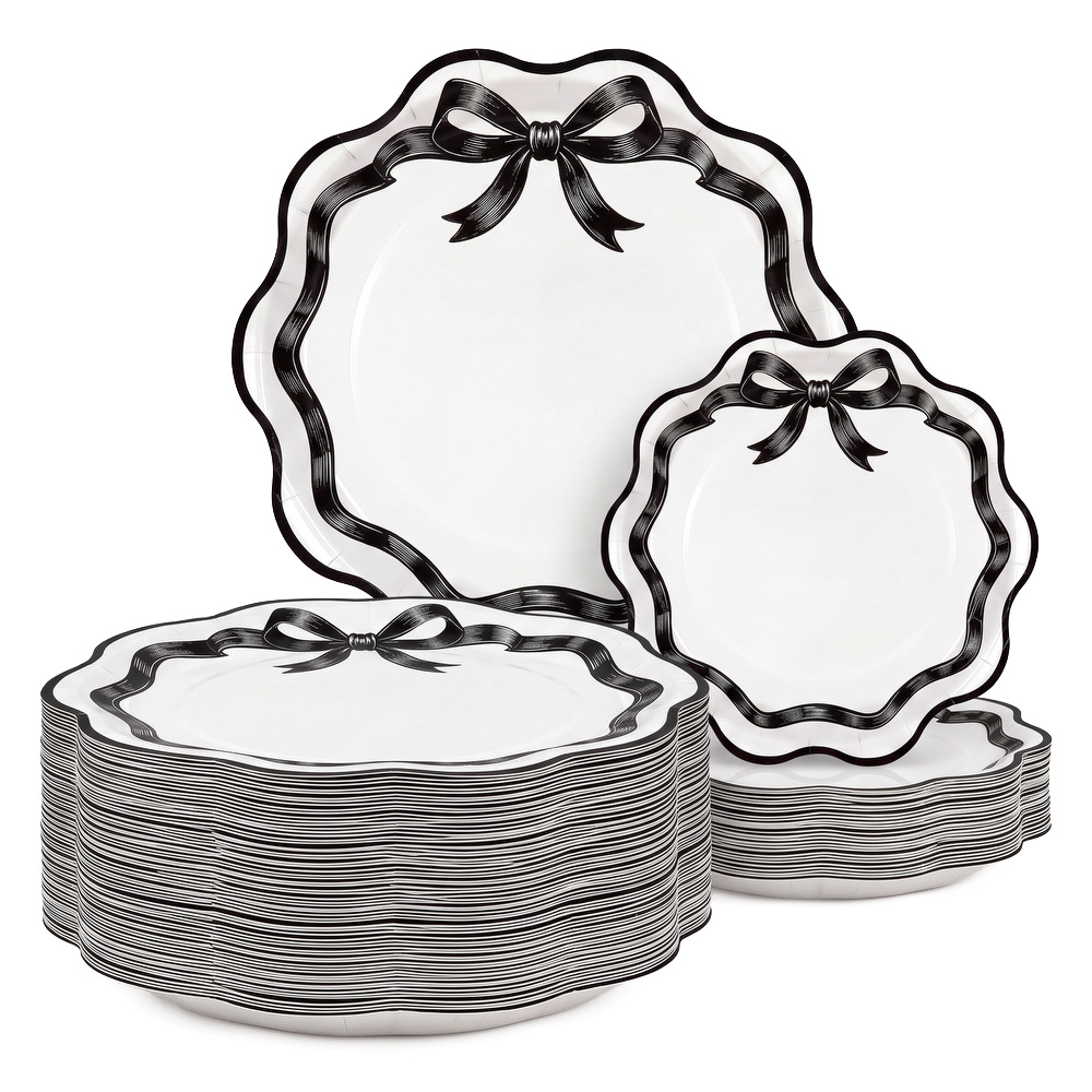 Black and white bowknot wavy edge paper plate French retro disposable dinner plate adult theme party decoration paper plate