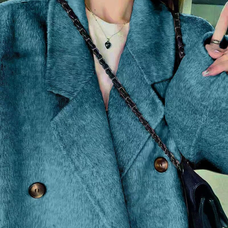 Factory Direct Sales 2025 Autumn and Winter New Style Camel Wool Double-Sided Wool Coat for Women, Mid-Length, Elegant Blue Woolen Coat