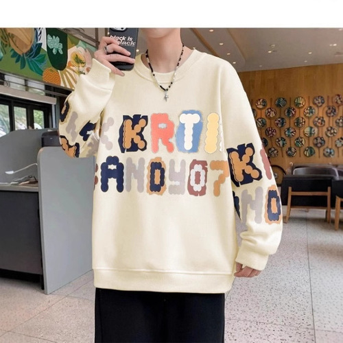 Trendy Stylish American Crew Neck Sweatshirt Men Spring and Autumn Season Youth Heavyweight Color Block Base Layer Top Shirt Lazy Jacket
