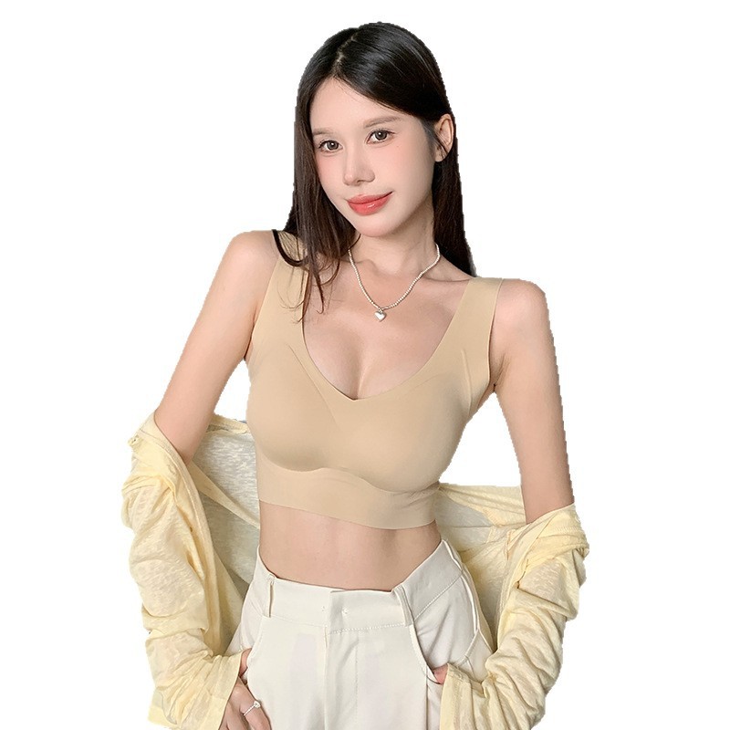 胸パッド付き女性用インビジブルシームレス美背中下着、インナーとアウターで着用できる痩身ベースブラ|undefined