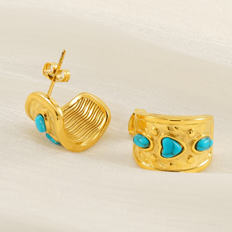Pendientes de acero de titanio turquesa azul viento de alta gama INS de moda de nicho europeo y americano chapados en oro de 18 quilates retro de acero inoxidable