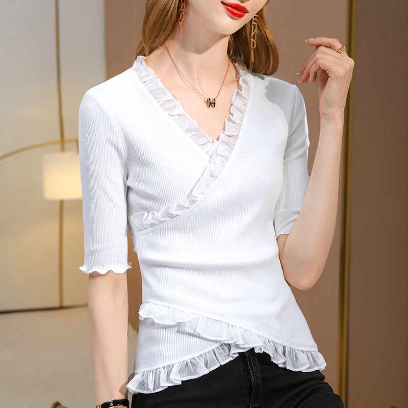 Camiseta de manga media modal para mujer 2022 nueva ropa de mujer estilo occidental hoja de loto encaje con cuello en V cintura ajustada camisa pequeña diseño superior image 5