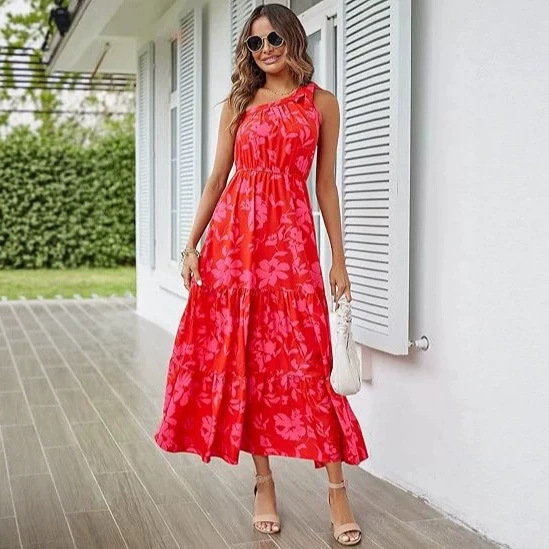 2026 Women's Summer Floral One-Shoulder Long Dress with Bow and Ruffles for Beach Vacation and Wedding Guest Long Sun Dress 2026 Women's Summer Floral One-Shoulder Long Dress with Bow and Ruffles for Beach Vacation and Wedding Guest Long Sun Dress