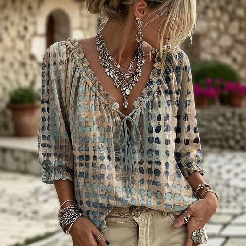 European and American cross-border bohemian style V-neck linen-like shirt for women, new summer printed loose casual top with ribbons European and American cross-border bohemian style V-neck linen-like shirt for women, new summer printed loose casual top with ribbons