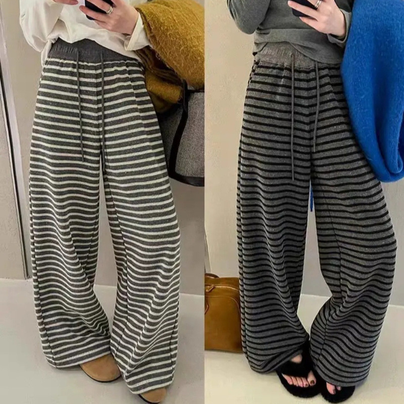 2025 New Color-Block Striped Wide-Leg Pants for Women, Spring Ribbed Knit Drawstring Soft High-Waisted Straight Slimming Pants 2025 New Color-Block Striped Wide-Leg Pants for Women, Spring Ribbed Knit Drawstring Soft High-Waisted Straight Slimming Pants