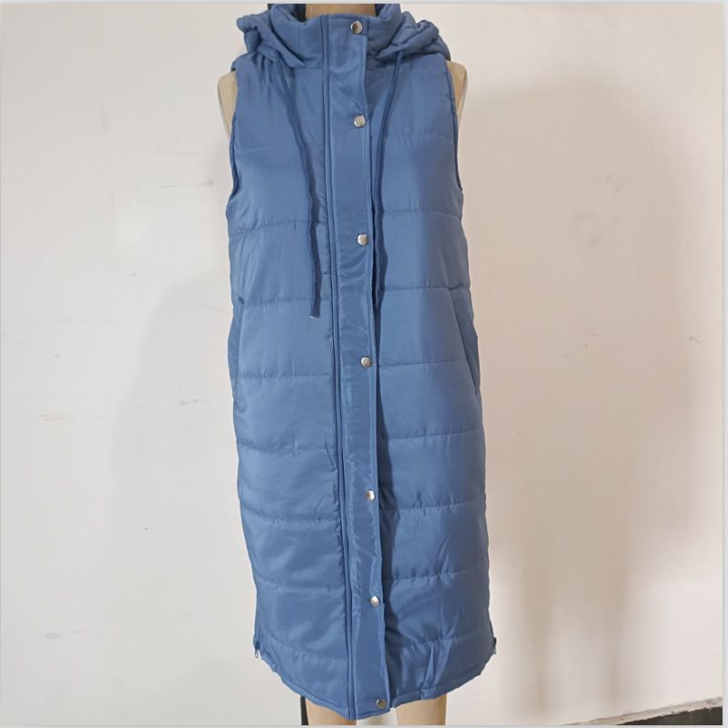 Damenbekleidung, einfarbige, einreihige Weste aus Baumwolle mit Kapuze, mittellang, schmal geschnittene Strickjacke_voghion.com
